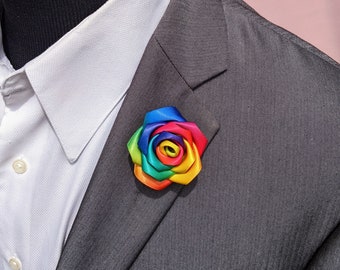 Rainbow Rose flower Lapel Pin Boutonniere - Men's Flower Lapel Pin -  LGBTQ+ rose flower brooch -  Wedding Boutonniere - Lapel Pin