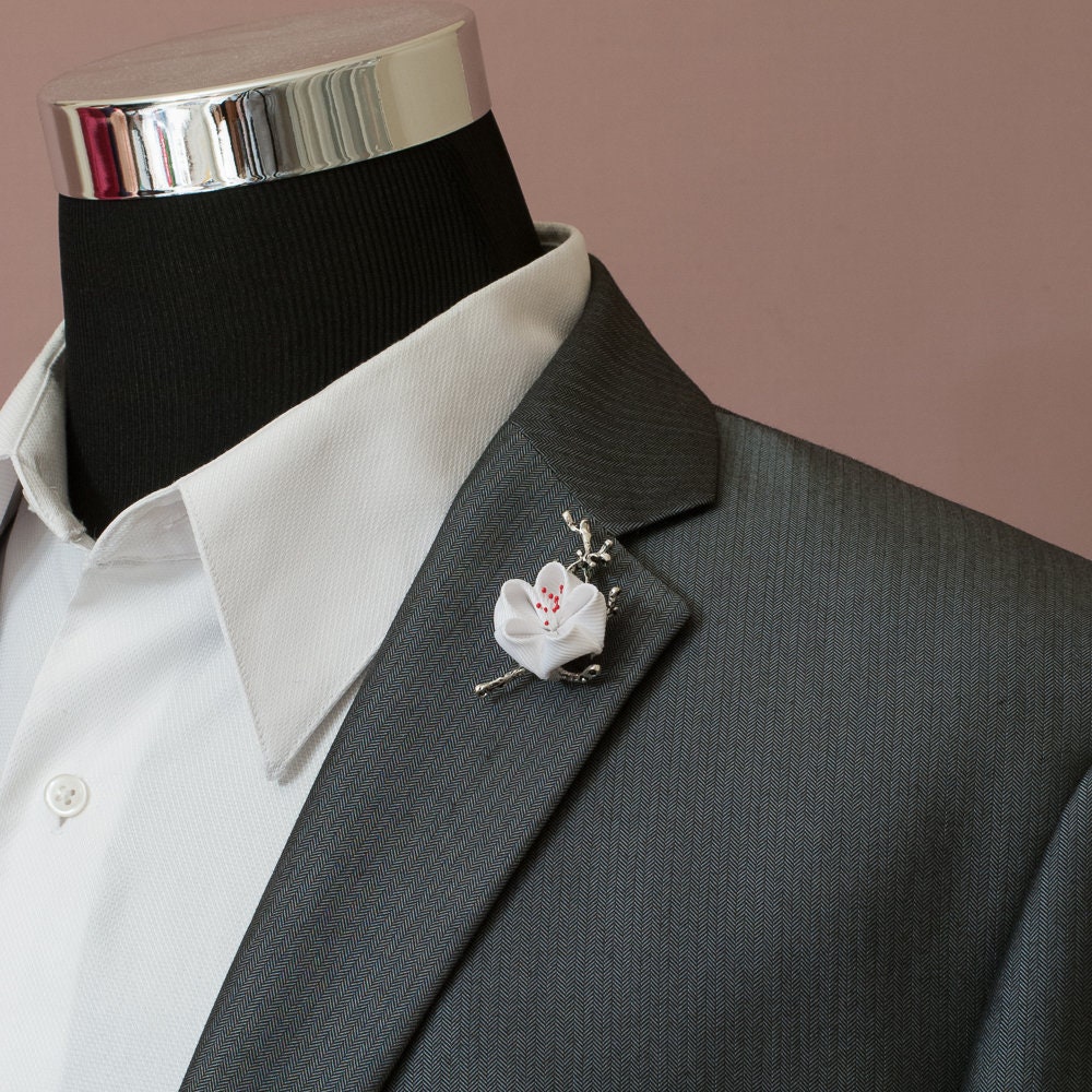 White Cherry Blossom Lapel Pin: Grosgrain Fabric, Antique Silver