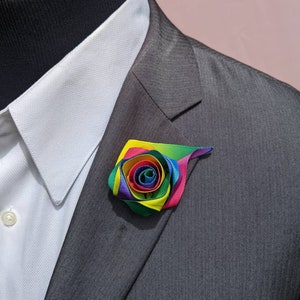 Rainbow Rose Flower Lapel Pin Boutonniere - Men's Flower Lapel Pin -  LGBTQ+ rose flower brooch -  Wedding Boutonniere - Lapel Pin - LGBT