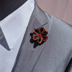 Orange & Black Kanzashi Flower Lapel Pin with Swarovski Crystal