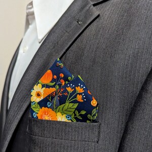 Flowers Pocket Square - Dark Blue, Orange, Yellow, and Green  Pre-Folded Pocket Square