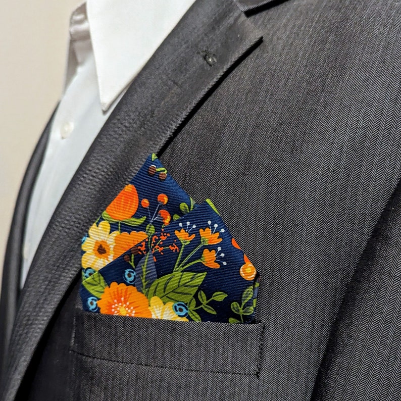 Flowers Pocket Square - Dark Blue, Orange, Yellow, and Green  Pre-Folded Pocket Square