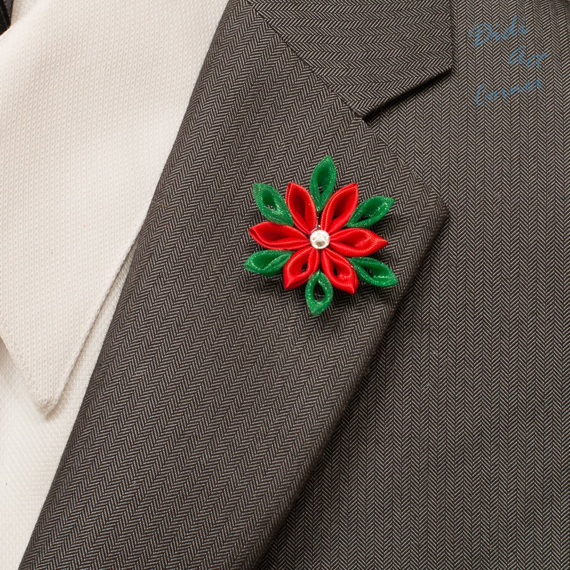 Christmas lapel pin Red and Green Poinsettia Kanzashi Flower Etsy