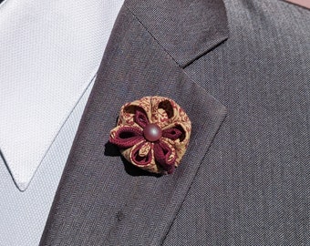 Burgundy Pansy Kanzashi Inspired Flower, Men's Lapel Pin, Kanzashi Flower Lapel Pin, Lapel Pins Men, Lapel Flower Pin