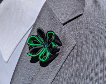 Colorful Green Kanzashi Flower Lapel Pin with Black Crystal 