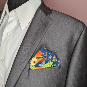 Pocket Square Dark Blue, Orange, Yellow, and Green / Pre-Folded Pocket Square image 7