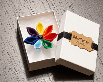 LGBTQ Lotus Flower Lapel Pin / Lotus Kanzashi Inspired Flower Lapel Pin with Button / Rainbow Flower Lapel Pin