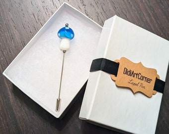 Blue Mushroom Lapel Pin / Glass Mushroom Lapel Pin / Wedding Boutonniere / Mans Lapel Pin / Lapel Pin Man / Hat Pin