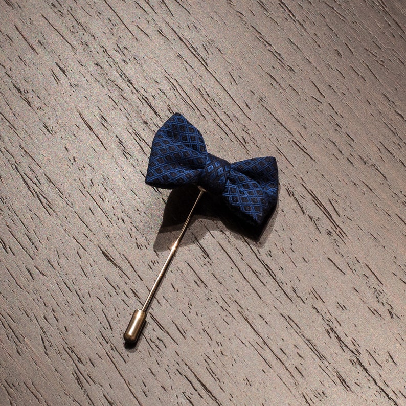 Navy Blue Lapel Bow Tie Pin, Men's Bow Tie Lapel Pin, Groom Blue Wedding Boutonniere image 4