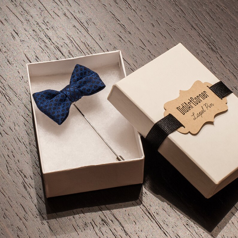 Navy Blue Lapel Bow Tie Pin, Men's Bow Tie Lapel Pin, Groom Blue Wedding Boutonniere image 2