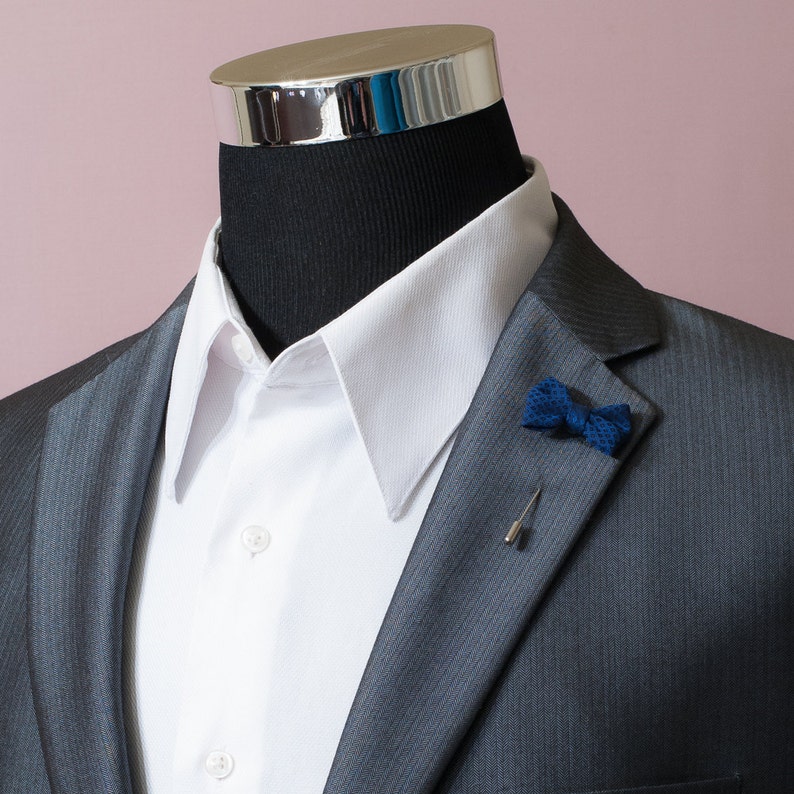 Navy Blue Lapel Bow Tie Pin, Men's Bow Tie Lapel Pin, Groom Blue Wedding Boutonniere image 3