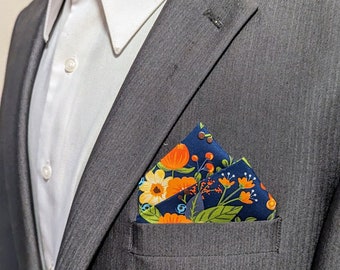Floral Cotton Pre-Folded Pocket Square: Dark Blue, Orange & Yellow
