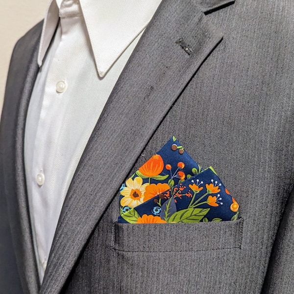 Pocket Square - Dark Blue, Orange, Yellow, and Green  / Pre-Folded Pocket Square