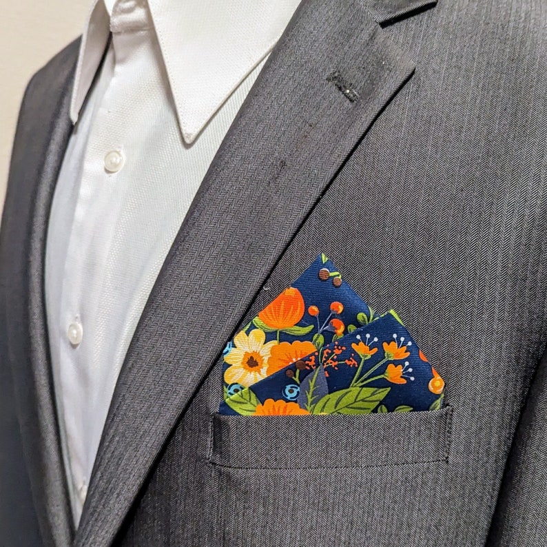 Pocket Square - Dark Blue, Orange, Yellow, and Green  Pre-Folded Pocket Square