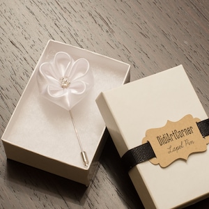 White Satin Geranium Lapel Pin: Swarovski Crystal Wedding Boutonniere