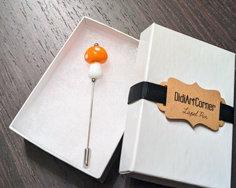 Orange Mushroom Lapel Pin / Glass Mushroom Lapel Pin / Wedding Boutonniere / Mans Lapel Pin / Lapel Pin Man / Hat Pin