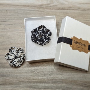 Black & White Kanzashi Flower Lapel Pin with Swarovski Crystal