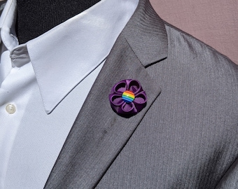 Kanzashi Flower Lapel Pin with Rainbow Button, Pride Lapel Pin, LGBT Lapel Pin, Geranium Lapel pin