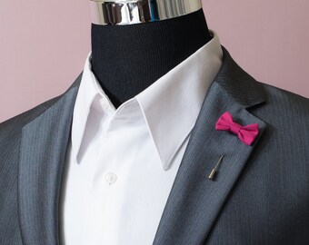 Pink Men's Bow Tie Lapel Pin / Elegant Handcrafted Bow Tie on Silver Plated Lapel Stick Pin with End Protector