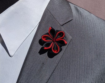 Mens lapel pin, Red and Black Colorful Kanzashi Flower Lapel Pin with Swarovski Crystal, Burgundy and Black Flower Lapel Pin