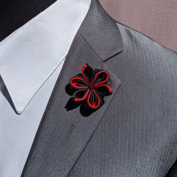 Mens lapel pin, Red and Black Colorful Kanzashi Flower Lapel Pin with Swarovski Crystal, Burgundy and Black Flower Lapel Pin