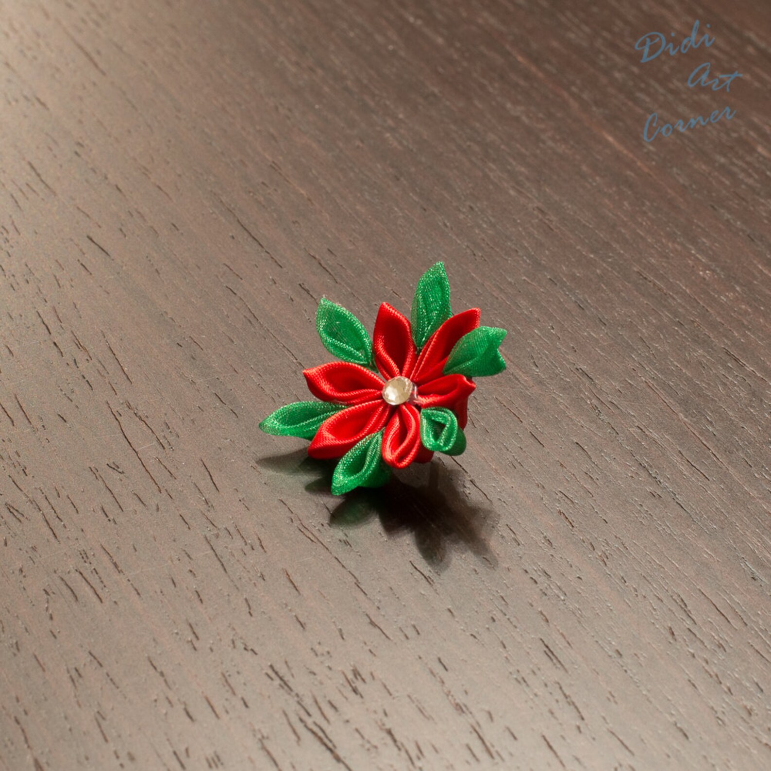 Christmas Lapel Pin Red and Green Poinsettia Kanzashi Flower Etsy