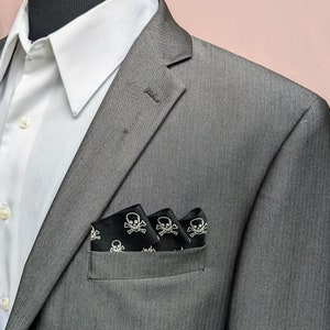 Halloween Pocket Square: White Skull on Black Pre-Folded Handkerchief
