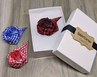 Check Pattern Rose Lapel Pin: Handmade Kanzashi Flower Boutonniere