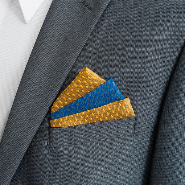 Mustard Yellow Gold and Teal Pre-Folded Pocket Square / Pocket Square Folded /