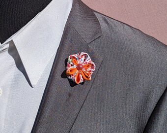 Orange Pansy Kanzashi Inspired Flower, Men's Lapel Pin, Kanzashi Flower Lapel Pin, Lapel Pins Men, Lapel Flower Pin