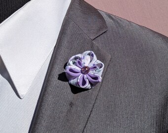 white and Purple Pansy Kanzashi Inspired Flower, Men's Lapel Pin, Kanzashi Flower Lapel Pin, Lapel Pins Men, Lapel Flower Pin