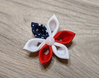 4th of July American Flag Kanzashi Flower Lapel Pin with sparkling center /Independence Day Lapel Pin/ lapel pin flower