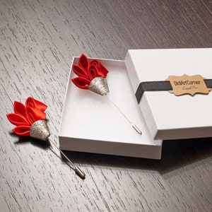 Red Lapel Crocus Flower Pin - Kanzashi Flower Lapel Pin - Mens Lapel Stick Pin - Wedding Boutonniere - Fabric flower Brooch