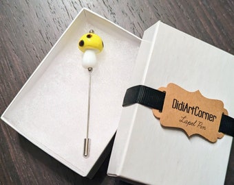 Yellow and White Mushroom Lapel Pin / Glass Mushroom Lapel Pin / Wedding Boutonniere / Mans Lapel Pin / Lapel Pin Man / Hat Pin