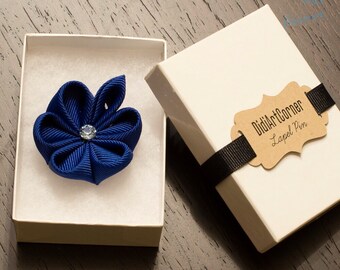 Lapel Pin - Royal Blue Kanzashi Flower with Royal Blue Leaf Lapel Pin with Swarovski Light Blue Crystal/ Lapel pin flower