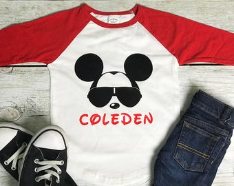Mickey Mouse Glasses with Name | Personalized Disney Shirt | Boy Toddler Youth Shirt | Disney Family Matching Shirts | Raglan Baseball Shirt