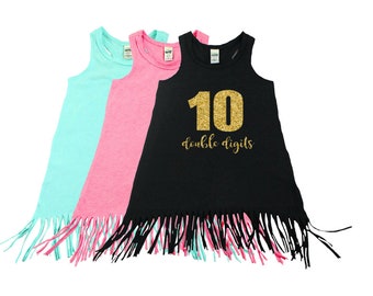 Ten Year Old | Fringe Dress | Fringe Tank | 10th Birthday | Youth | Birthday Dress | Girl Fringe | Glitter | Tenth Birthday | Double Digits