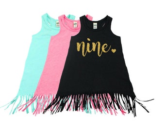 Nine Year Old | Fringe Dress | Fringe Tank | 9th Birthday | Youth | Birthday Dress | Girl Fringe | Glitter | Ninth Birthday | Toddler Girl