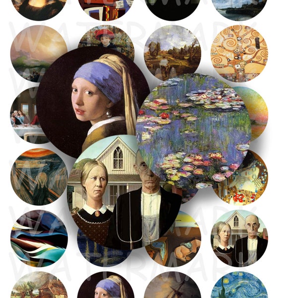 Peintures célèbres - numérique feuille de Collage - 1,5 pouce rond cercles - INSTANT DOWNLOAD