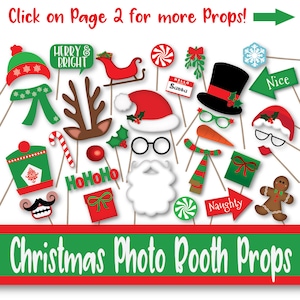 May include: A set of 18 Christmas photo booth props featuring various festive designs, including Santa hats, reindeer antlers, candy canes, and a gingerbread man. The props are printed on cardstock and attached to wooden sticks.