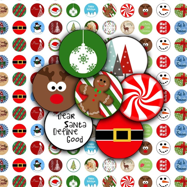 Merry Christmas - Digital Collage Sheet  - 12mm Round Circles - INSTANT DOWNLOAD