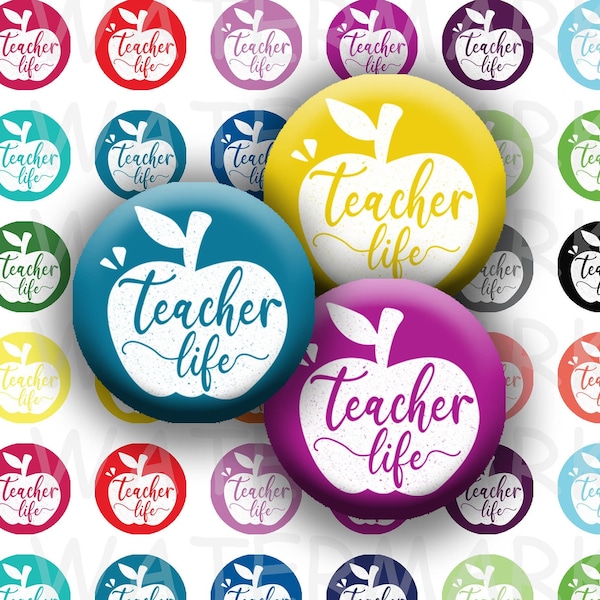 Teacher Life Digital Collage Sheet - 1 inch Round Circles - Commercial Use - INSTANT DOWNLOAD - 24 Colorful Teacher Bottlecap Circles