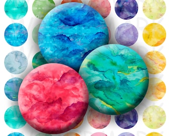 Watercolor Digital Collage Sheet  - BottleCap Designs - 1 inch Round Circles - INSTANT DOWNLOAD