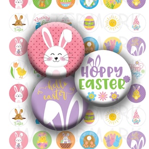 May include: A sheet of 1 inch round stickers featuring various Easter-themed designs. The designs include bunnies, chicks, eggs, flowers, and the text "Hoppy Easter".