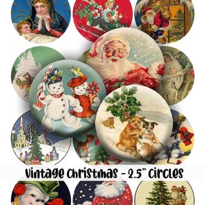 Vintage digitaal kerstcollagevel - 2,5" inch ronde cirkels - inclusief 24 verschillende ontwerpen - DIRECT DOWNLOADEN