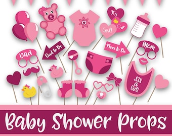 Fotobåsrekvisita och dekorationer till pojke- och flickashower i rosa nyanser - Babyshowerfest - Över 40 bilder - Direktutskrivbara rekvisita