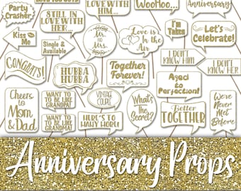 Wedding Anniversary Photo Booth Prop Signs and Decorations - Over 35 Gold Glitter Anniversary Photobooth Props - Printable Digital File