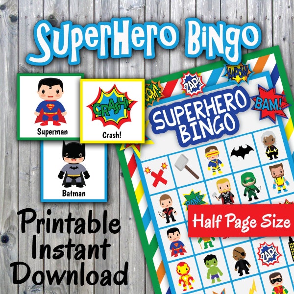 SuperHero Bingo Printable Game - 30 different Cards - HALF Page Size - Super Hero Memory Game - Printable Party Game - INSTANT DOWNLOAD