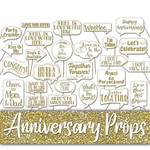 Wedding Anniversary Photo Booth Prop Signs and Decorations - Over 35 Gold Glitter Anniversary Photobooth Props - Printable Digital File