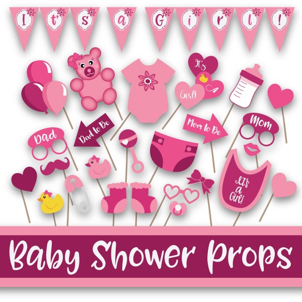 Boy Girl Shower Photo Booth Props and Decorations in Shades of Pink - Baby Shower Party - Over 40 Images - Instant Printable Props